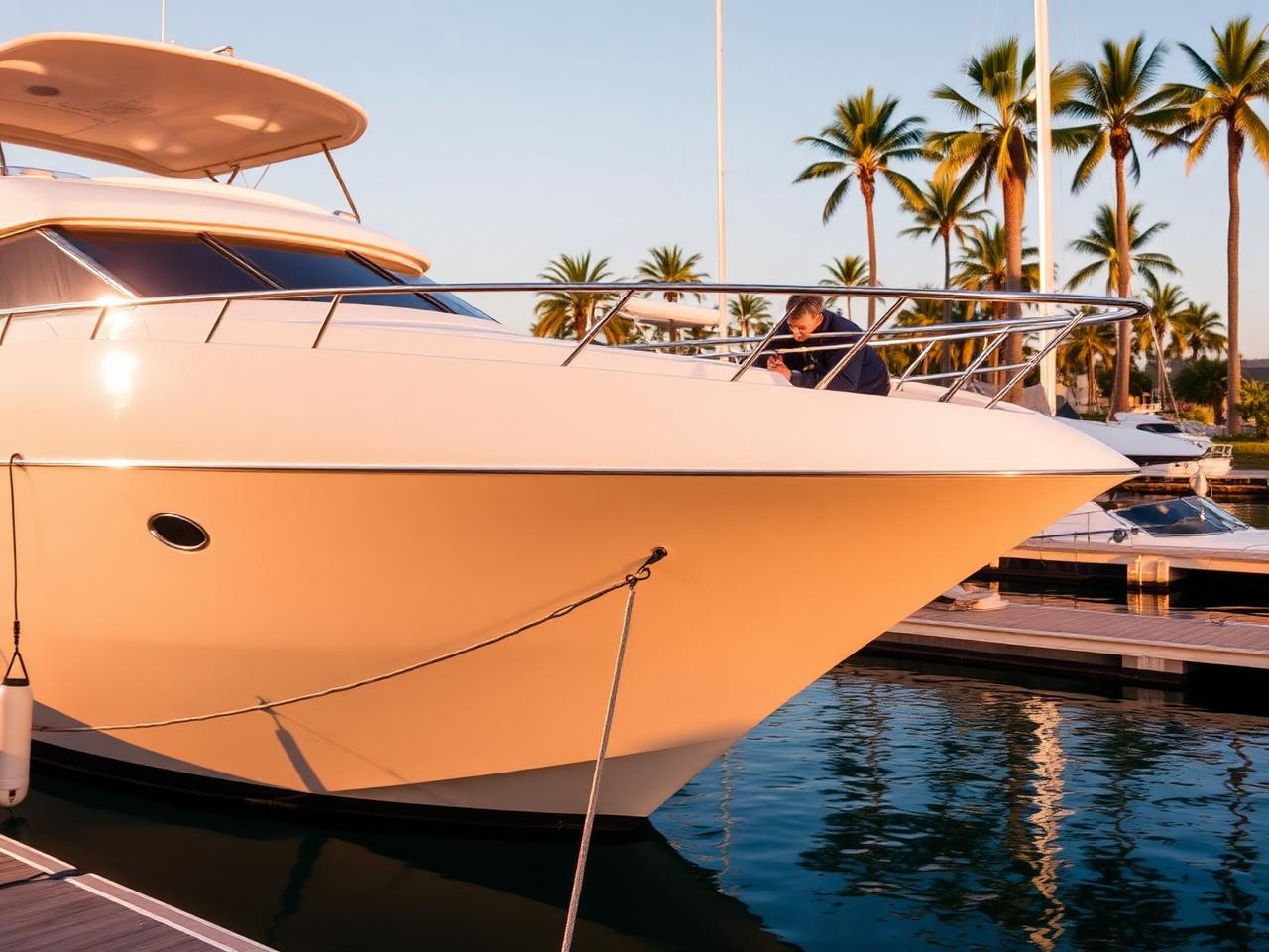 Detailer polishing a white yacht at a marina