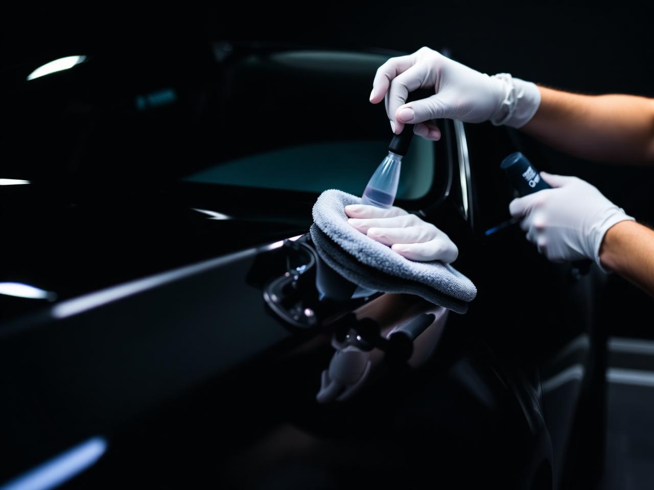 Detailer applying ceramic coating to a black car