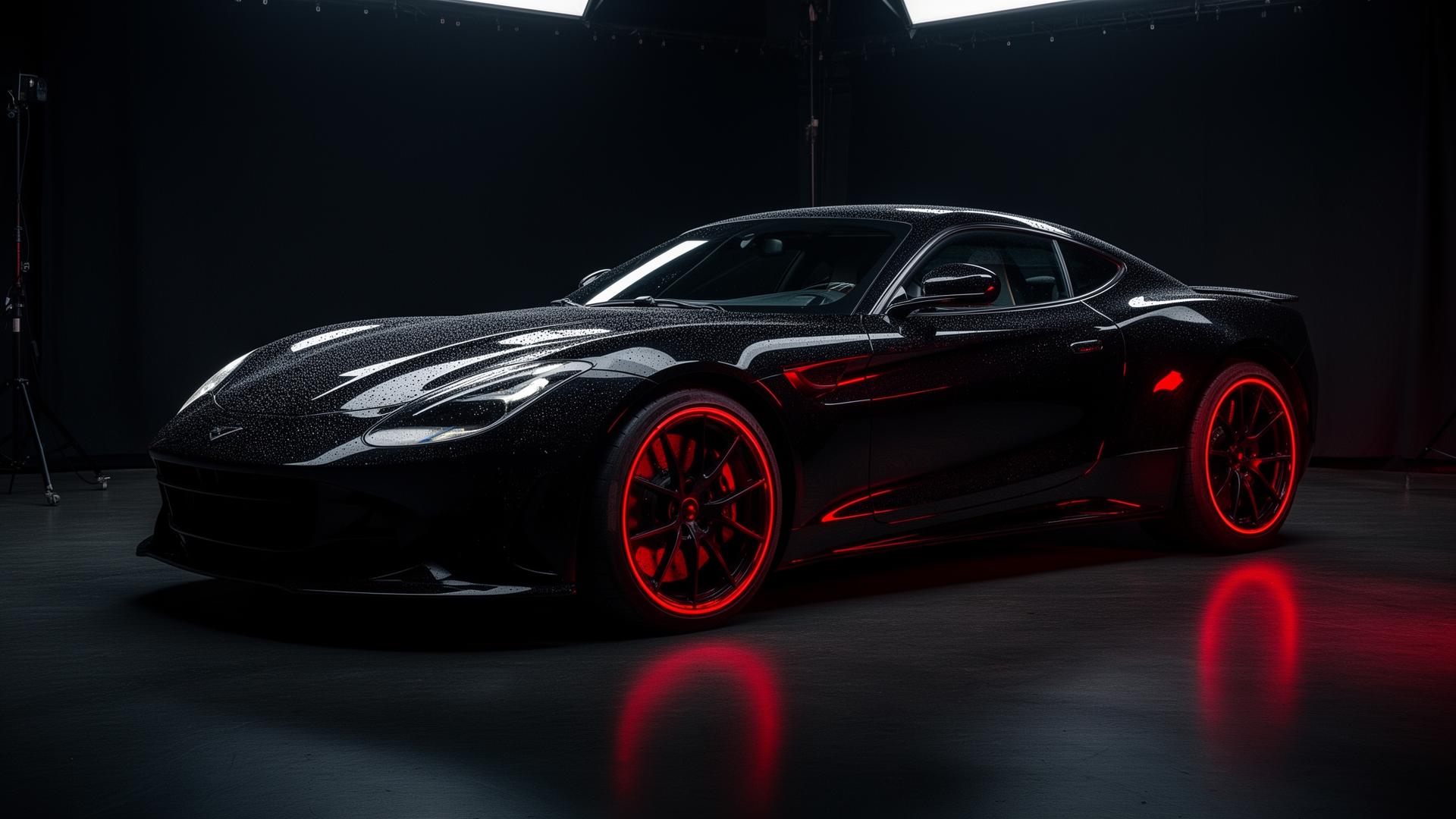 Luxury black sports car under dramatic lighting