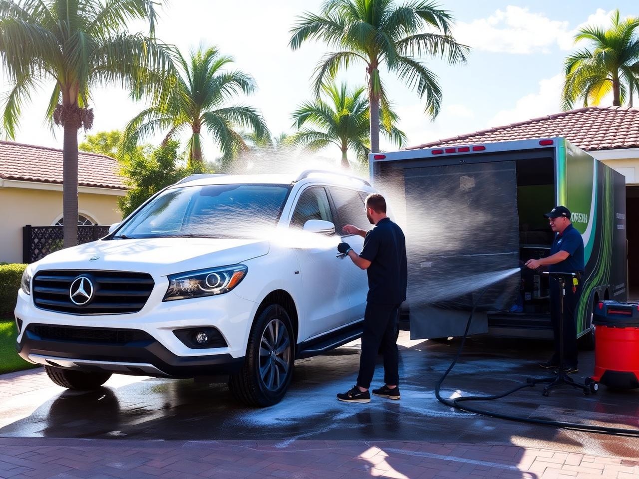 Mobile detailer washing a white SUV in a sunny driveway