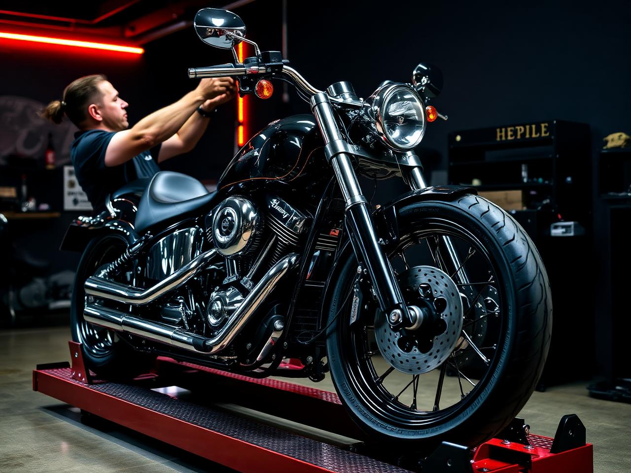 Detailer polishing chrome on a custom motorcycle