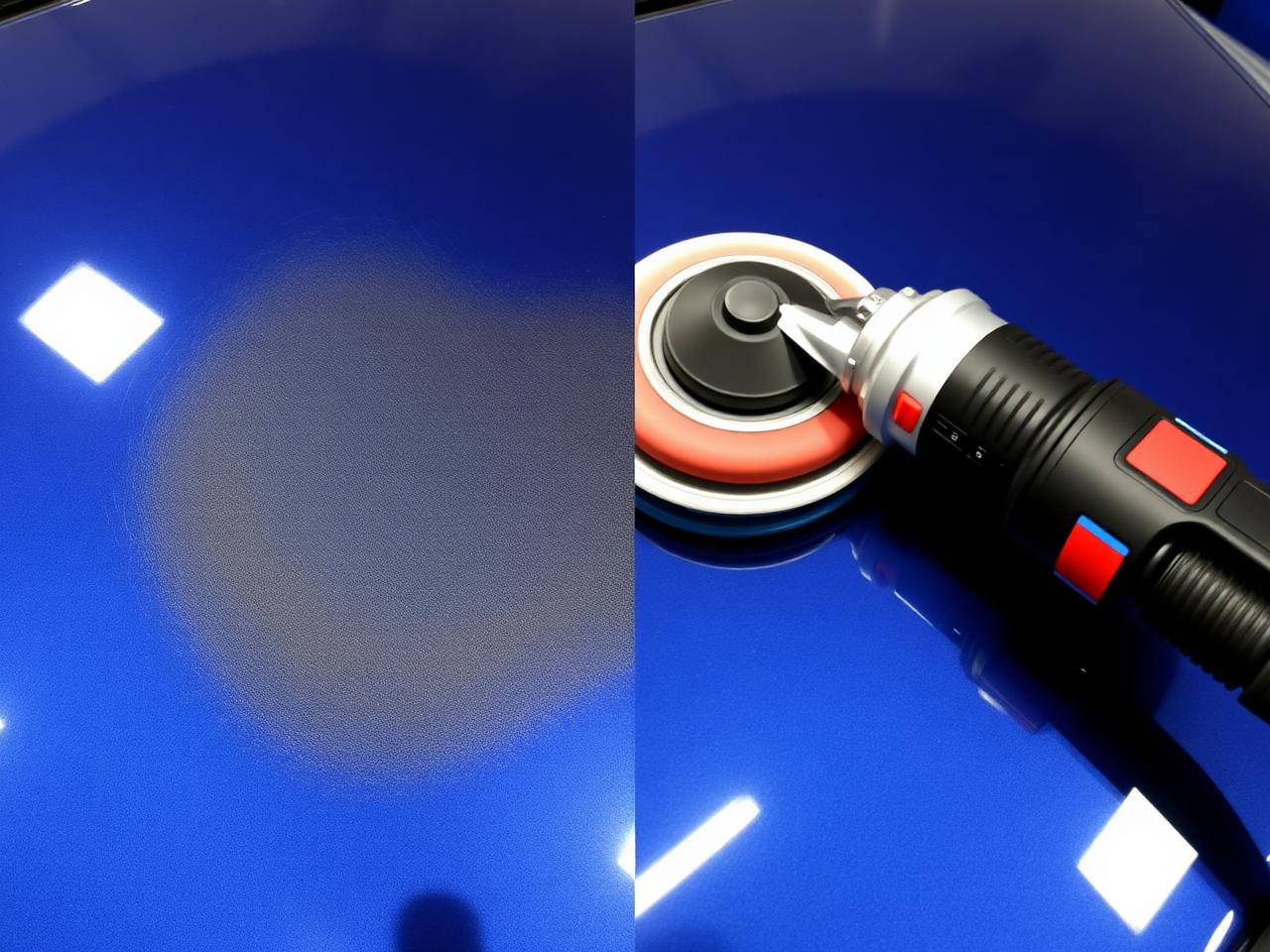 Before and after paint correction on a blue car hood
