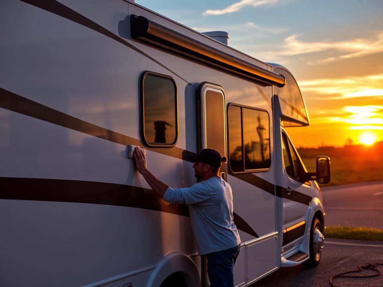 Technician detailing a motorhome at sunset